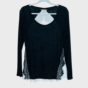 Banana Republic Mixed Media Blouse Womens Size M Black Lace Linen Front